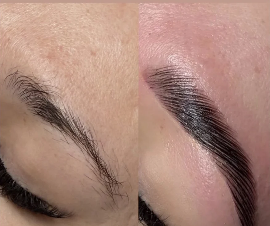 Brow lamination, shape and dye before and after by Lashes by Sheila Dubai